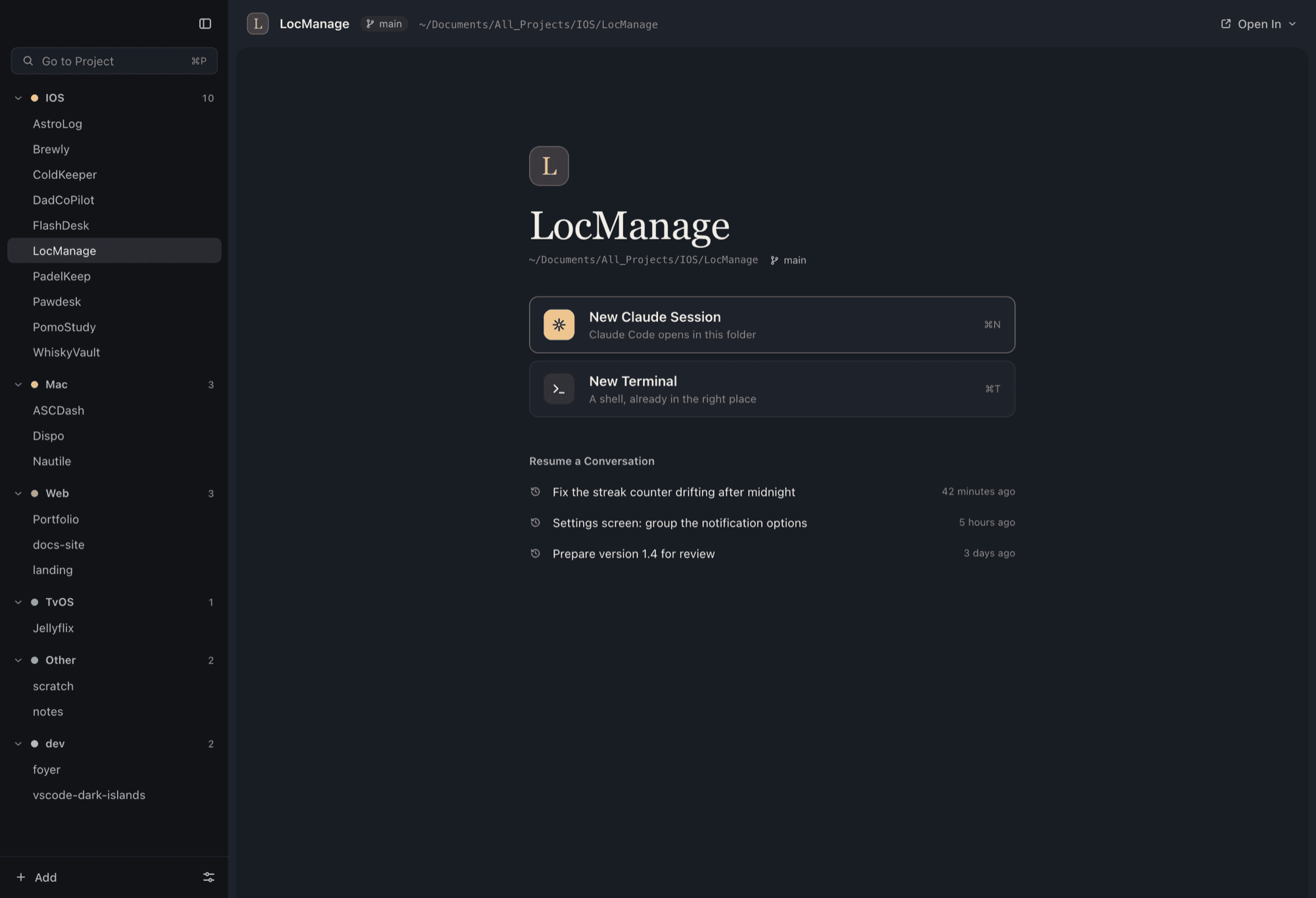 A project home in Nautile: new Claude session, new terminal, and recent conversations to resume