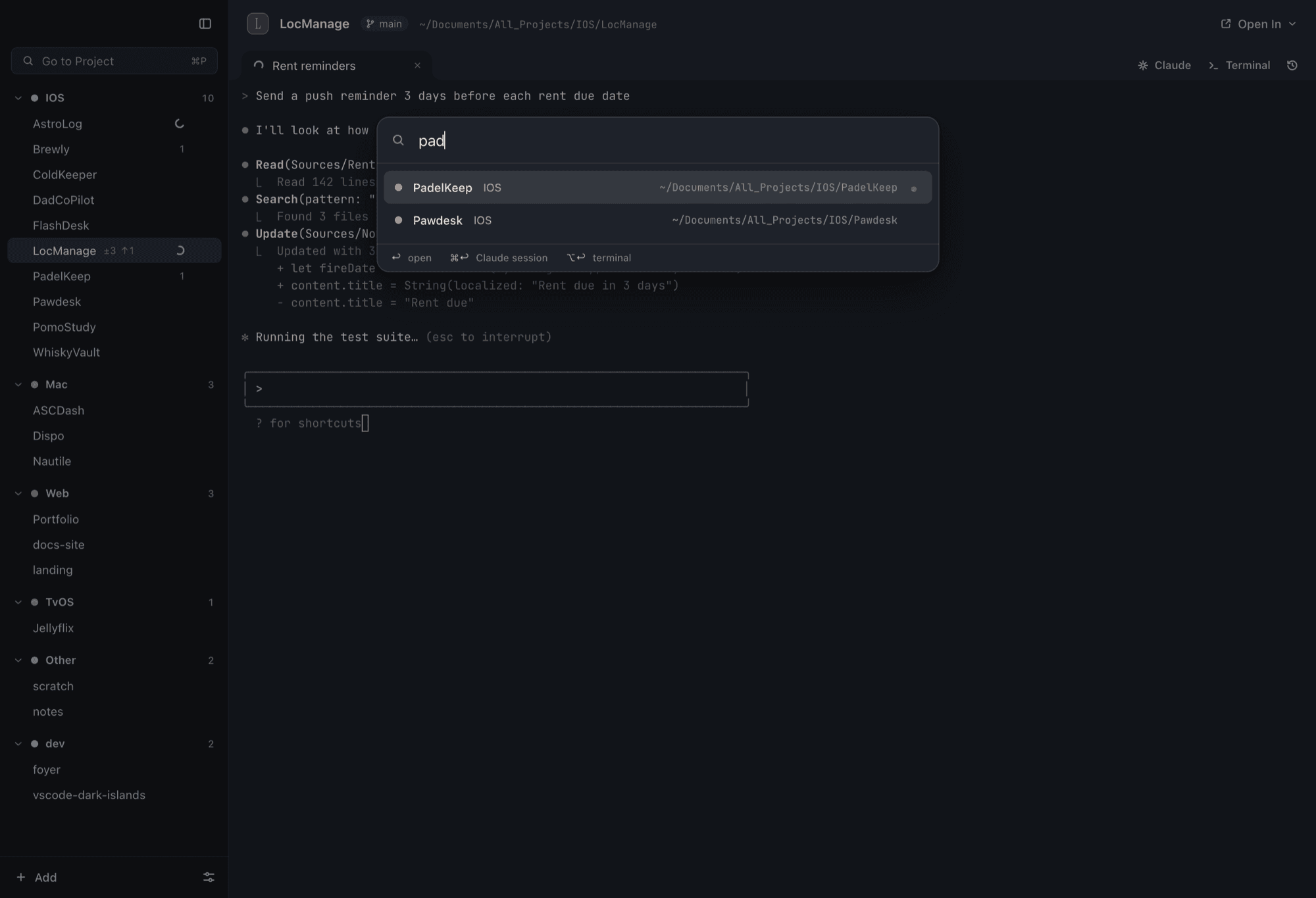 Nautile quick open: typing a few letters finds a project and opens it in Claude Code
